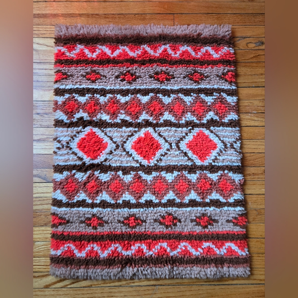 Vintage 70s Orange & Brown Geometric Southwestern Latch Hook Fiber Wall Art Rug